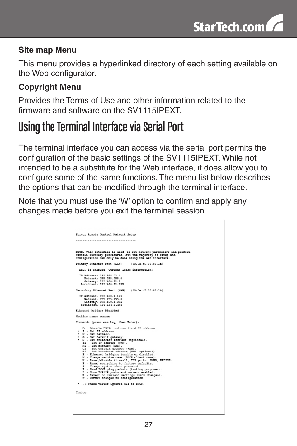 Using the terminal interface via serial port | StarTech.com SV1115IPEXT User Manual | Page 31 / 67
