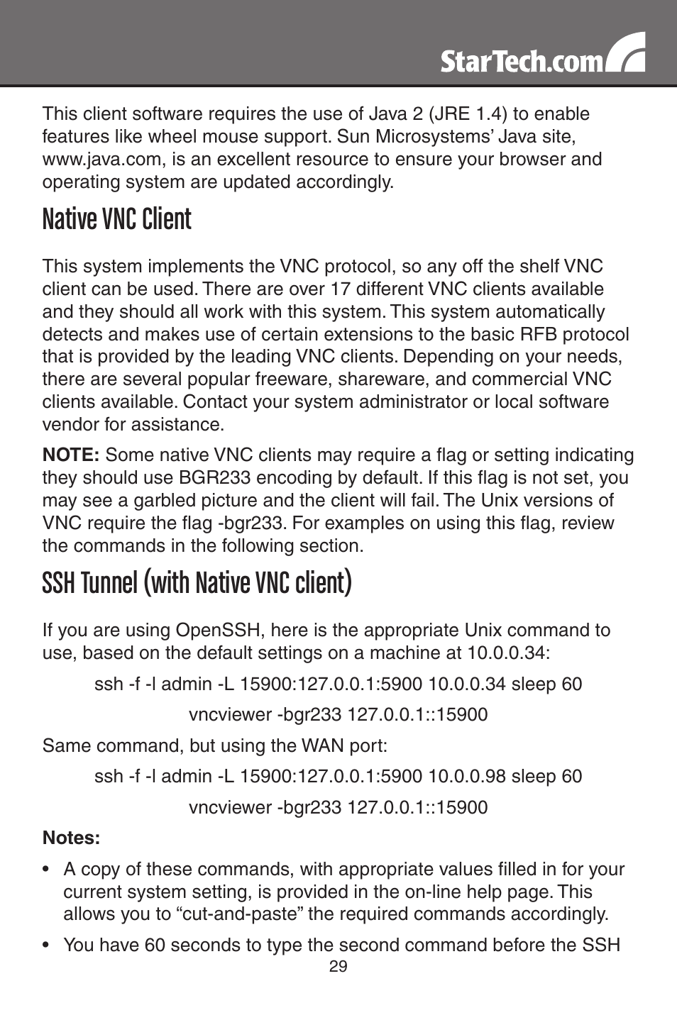 Native vnc client, Ssh tunnel (with native vnc client) | StarTech.com SV1115IPEXT User Manual | Page 33 / 67