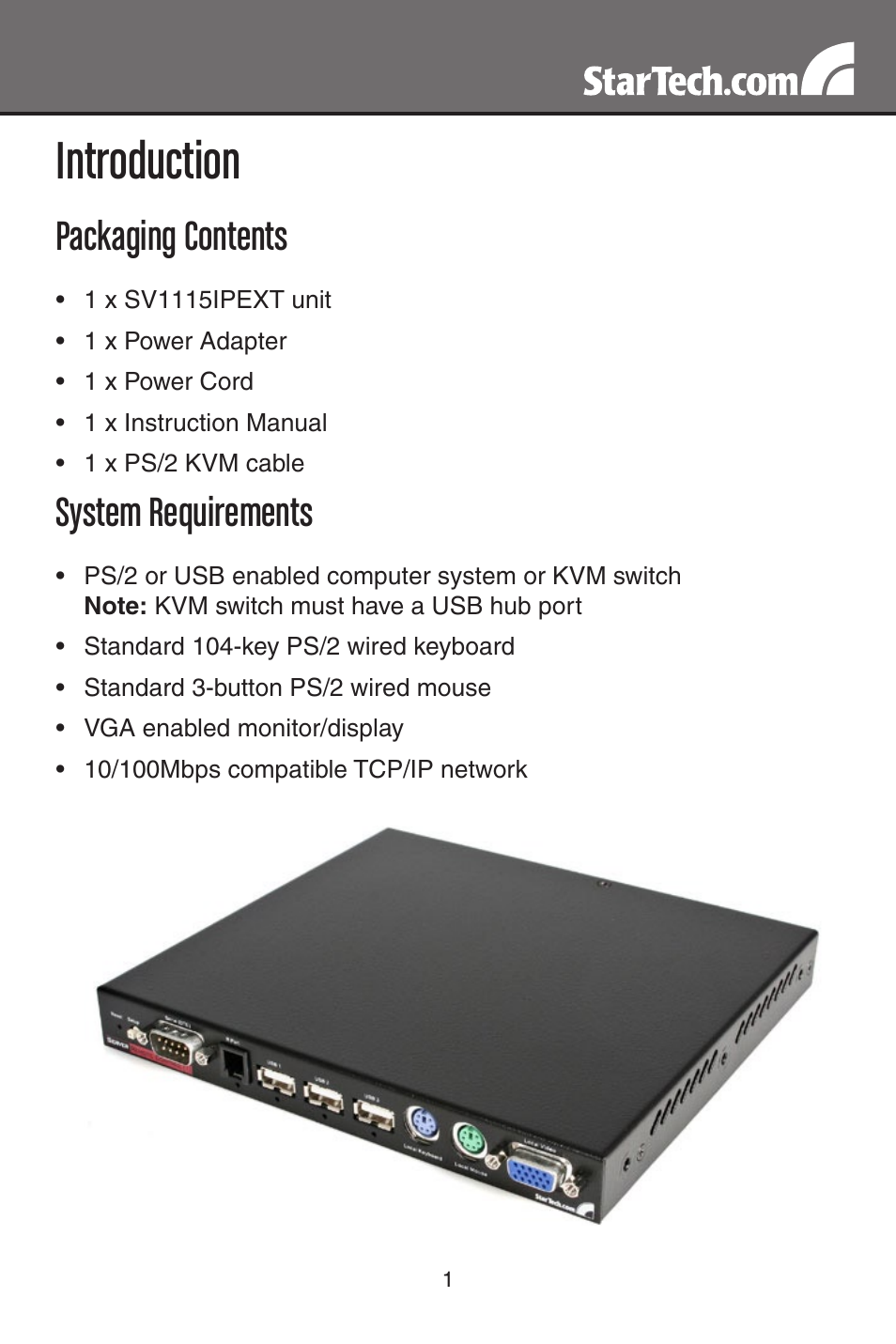 Introduction, Packaging contents, System requirements | StarTech.com SV1115IPEXT User Manual | Page 5 / 67