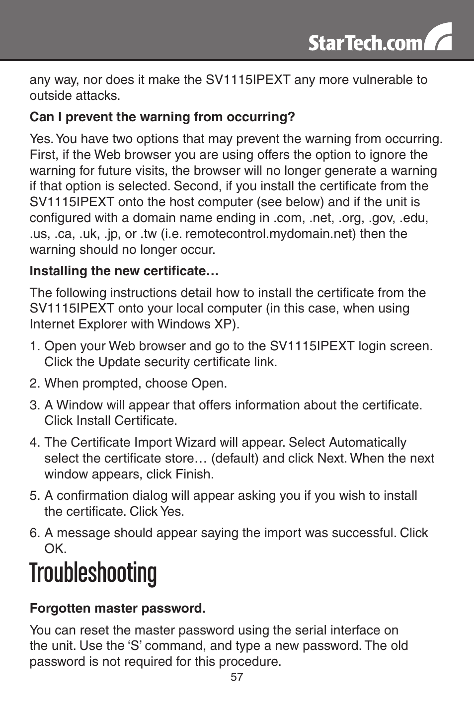 Troubleshooting | StarTech.com SV1115IPEXT User Manual | Page 61 / 67