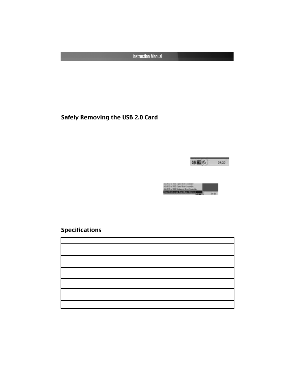 Safely removing the usb 2.0 card, Specifications instruction manual | StarTech.com CARDBUS CB420USB User Manual | Page 6 / 9