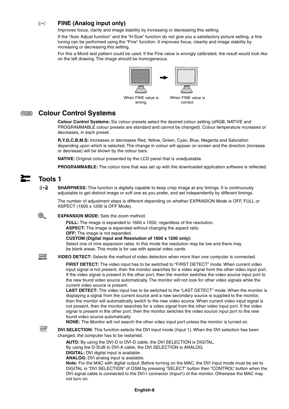 Colour control systems, Tools 1, Fine (analog input only) | StarTech.com MultiSync LCD2180UX User Manual | Page 10 / 23