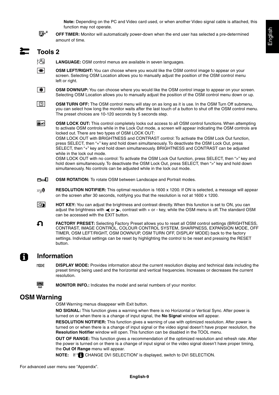 Tools 2, Information, Osm warning | English | StarTech.com MultiSync LCD2180UX User Manual | Page 11 / 23