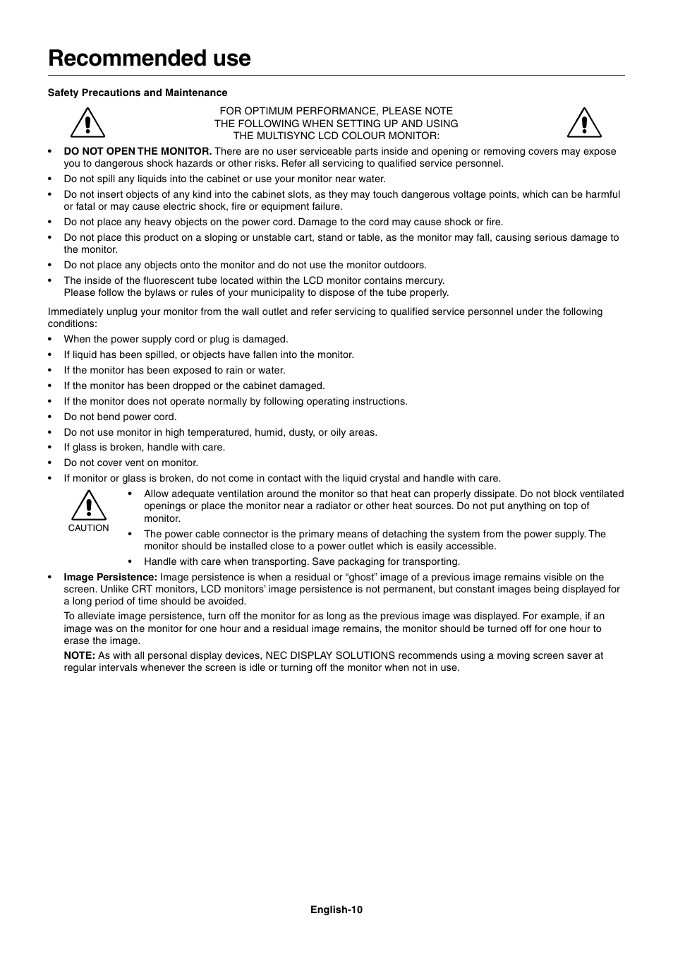 Recommended use | StarTech.com MultiSync LCD2180UX User Manual | Page 12 / 23