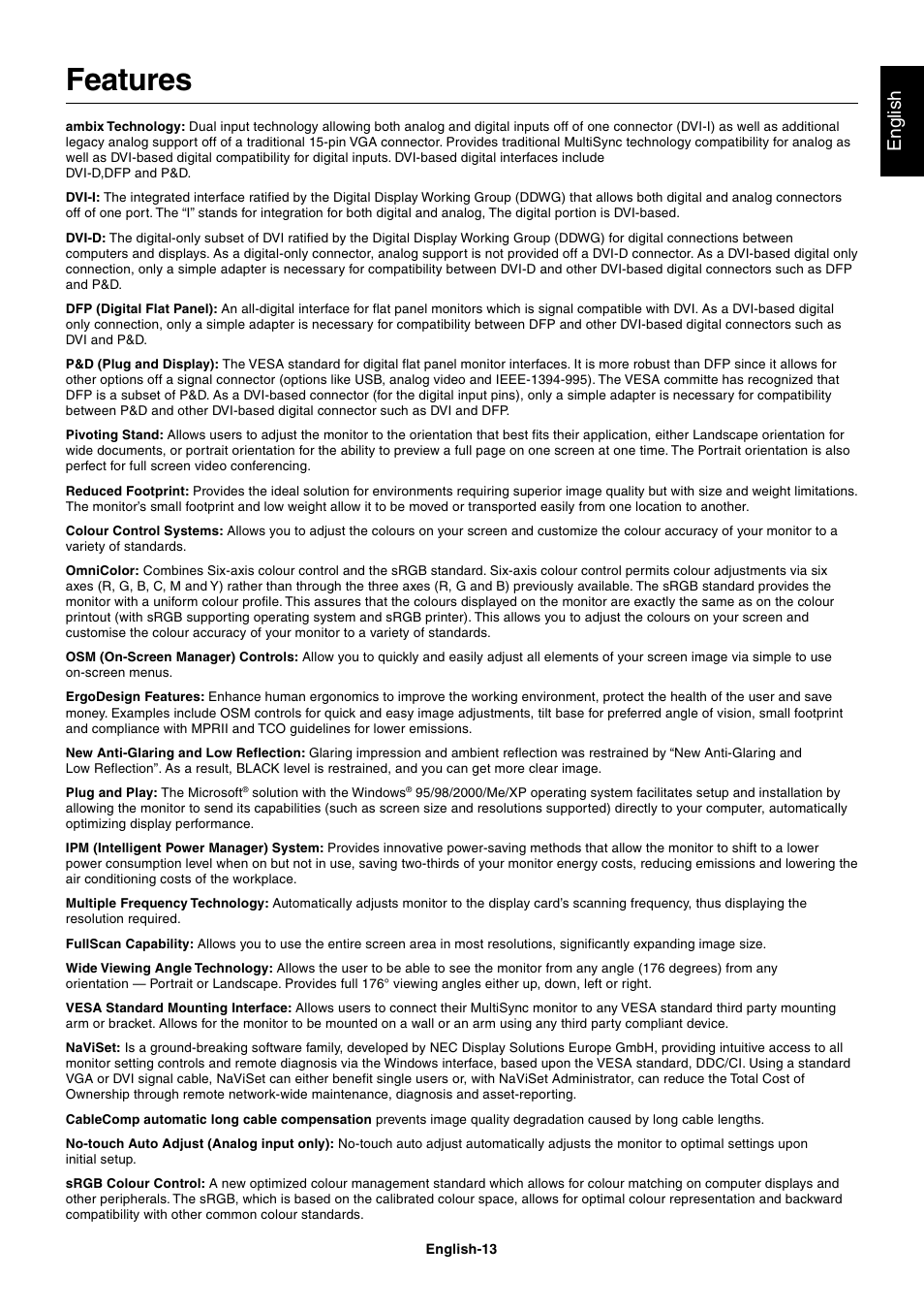 Features, English | StarTech.com MultiSync LCD2180UX User Manual | Page 15 / 23