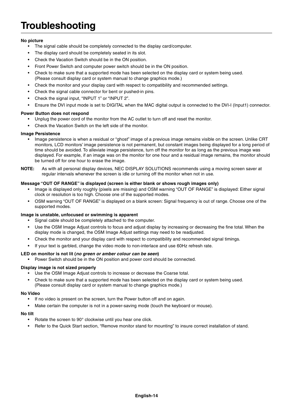 Troubleshooting | StarTech.com MultiSync LCD2180UX User Manual | Page 16 / 23