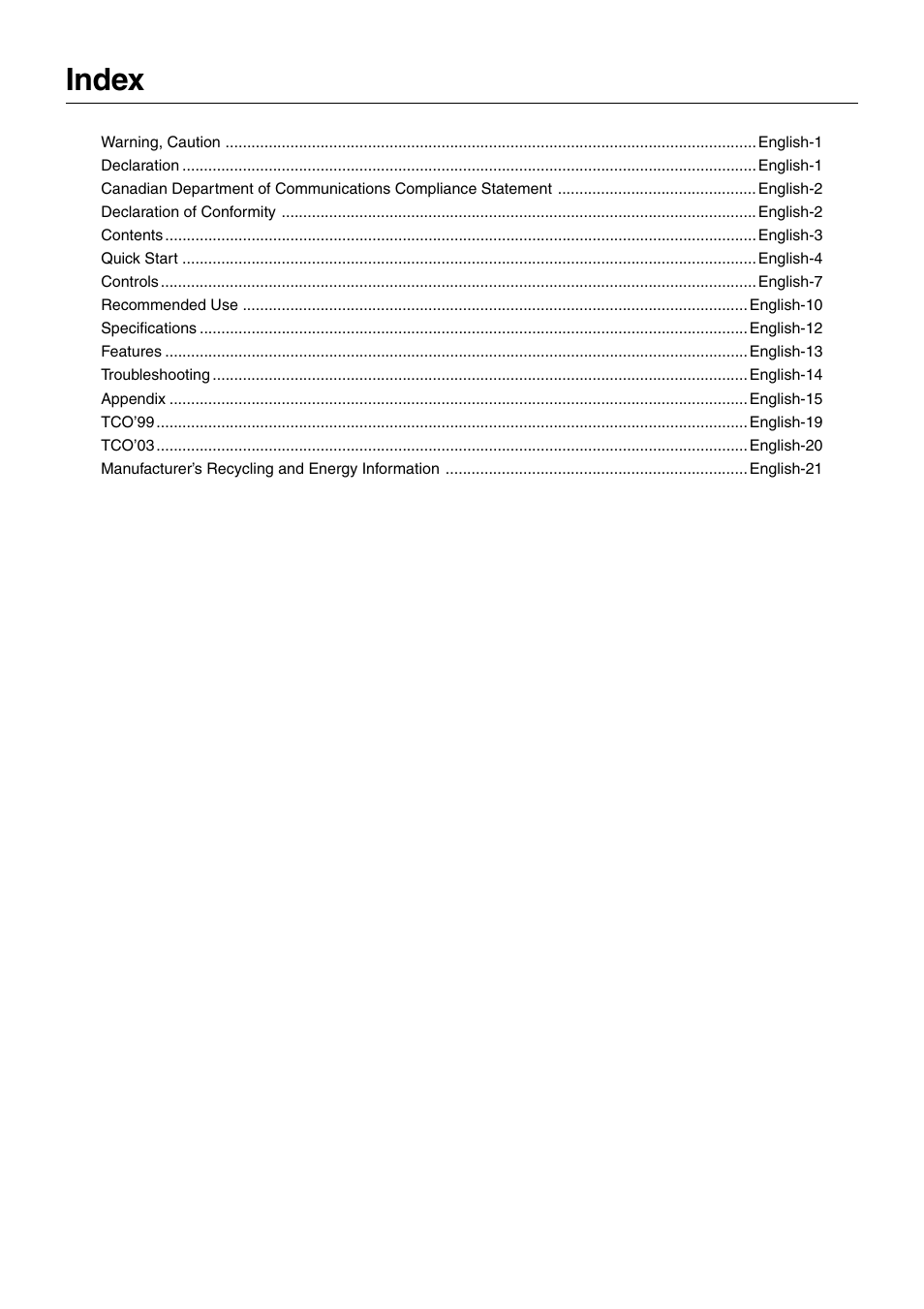 Index | StarTech.com MultiSync LCD2180UX User Manual | Page 2 / 23