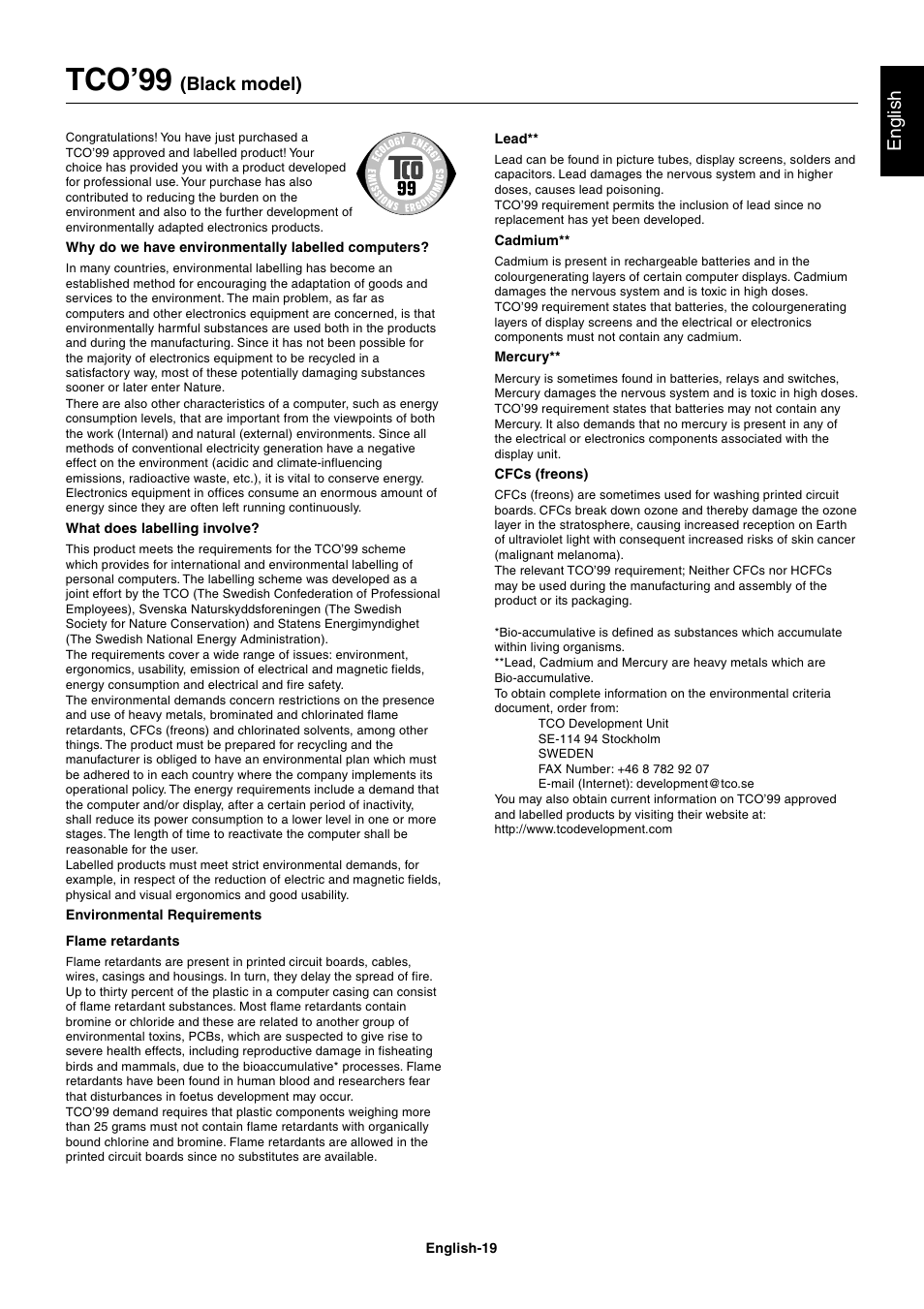 Tco’99, English, Black model) | StarTech.com MultiSync LCD2180UX User Manual | Page 21 / 23