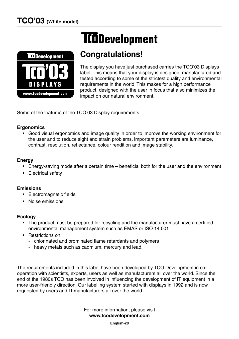 Tco’03 | StarTech.com MultiSync LCD2180UX User Manual | Page 22 / 23