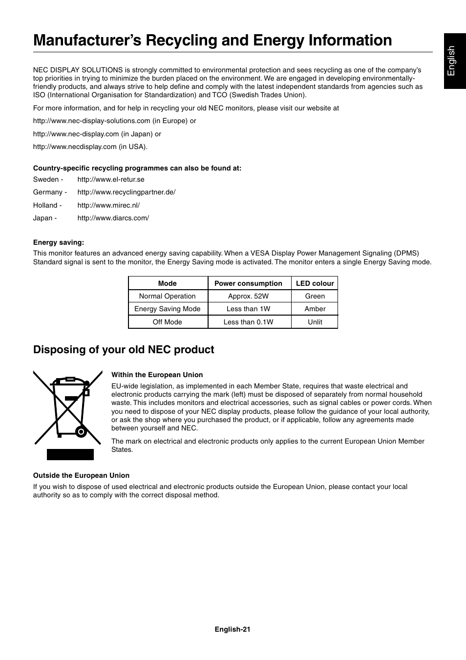 Manufacturer’s recycling and energy information, Disposing of your old nec product, English | StarTech.com MultiSync LCD2180UX User Manual | Page 23 / 23