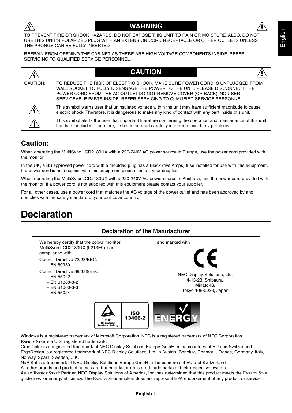 Warning, Caution, Declaration | Warning caution, English, Declaration of the manufacturer | StarTech.com MultiSync LCD2180UX User Manual | Page 3 / 23