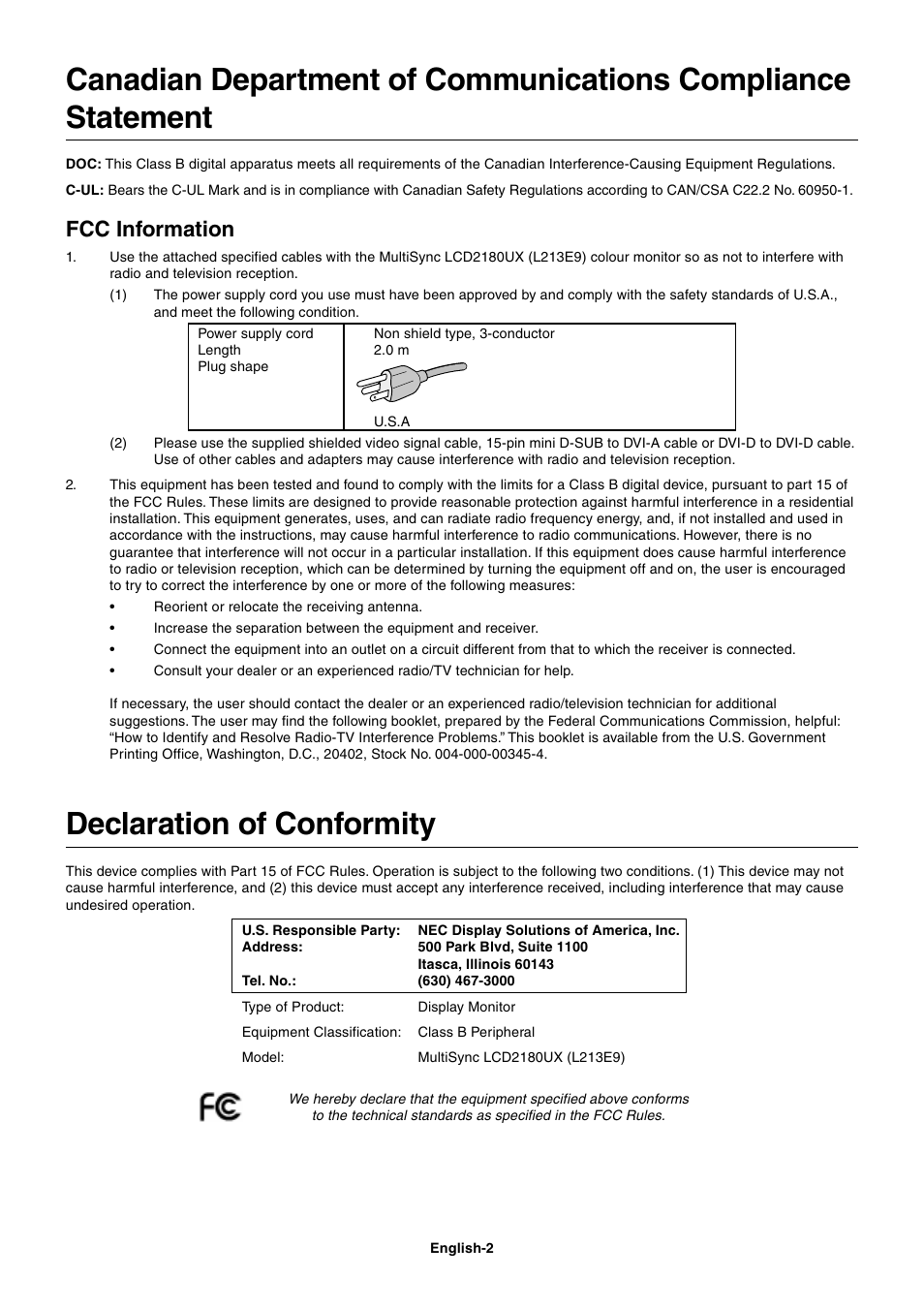 Declaration of conformity, Fcc information | StarTech.com MultiSync LCD2180UX User Manual | Page 4 / 23