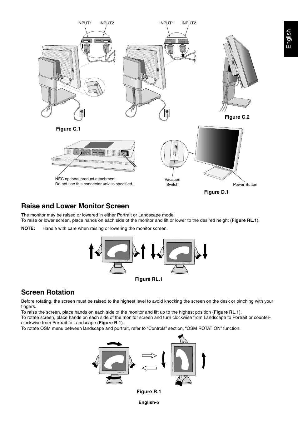 Raise and lower monitor screen, Screen rotation, English | StarTech.com MultiSync LCD2180UX User Manual | Page 7 / 23