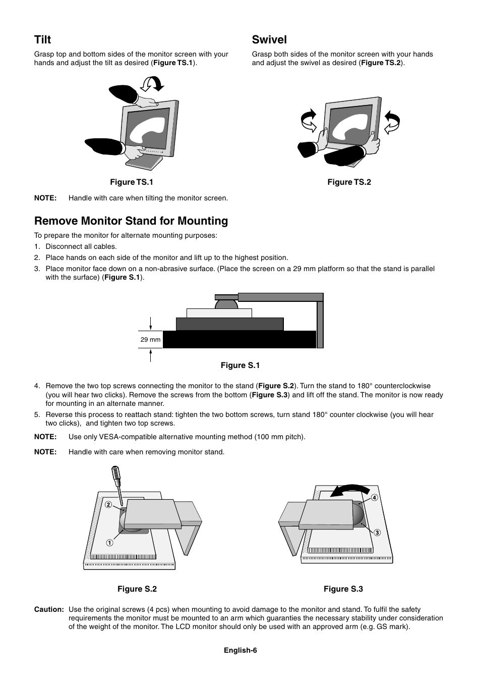 Tilt, Swivel, Remove monitor stand for mounting | StarTech.com MultiSync LCD2180UX User Manual | Page 8 / 23