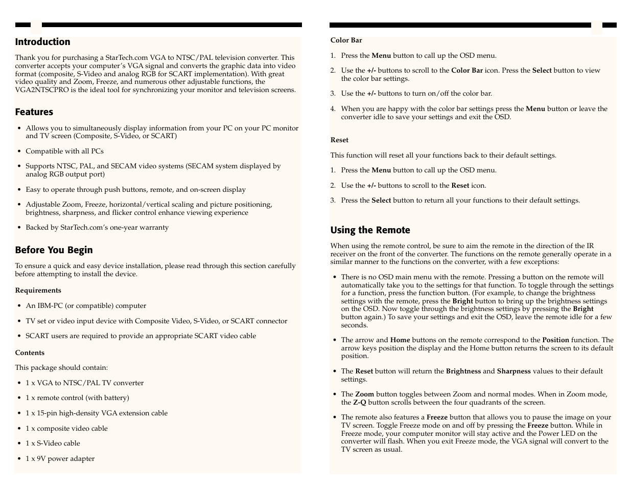 Introduction, Features, Before you begin | Using the remote | StarTech.com VGA2NTSCPRO User Manual | Page 4 / 6