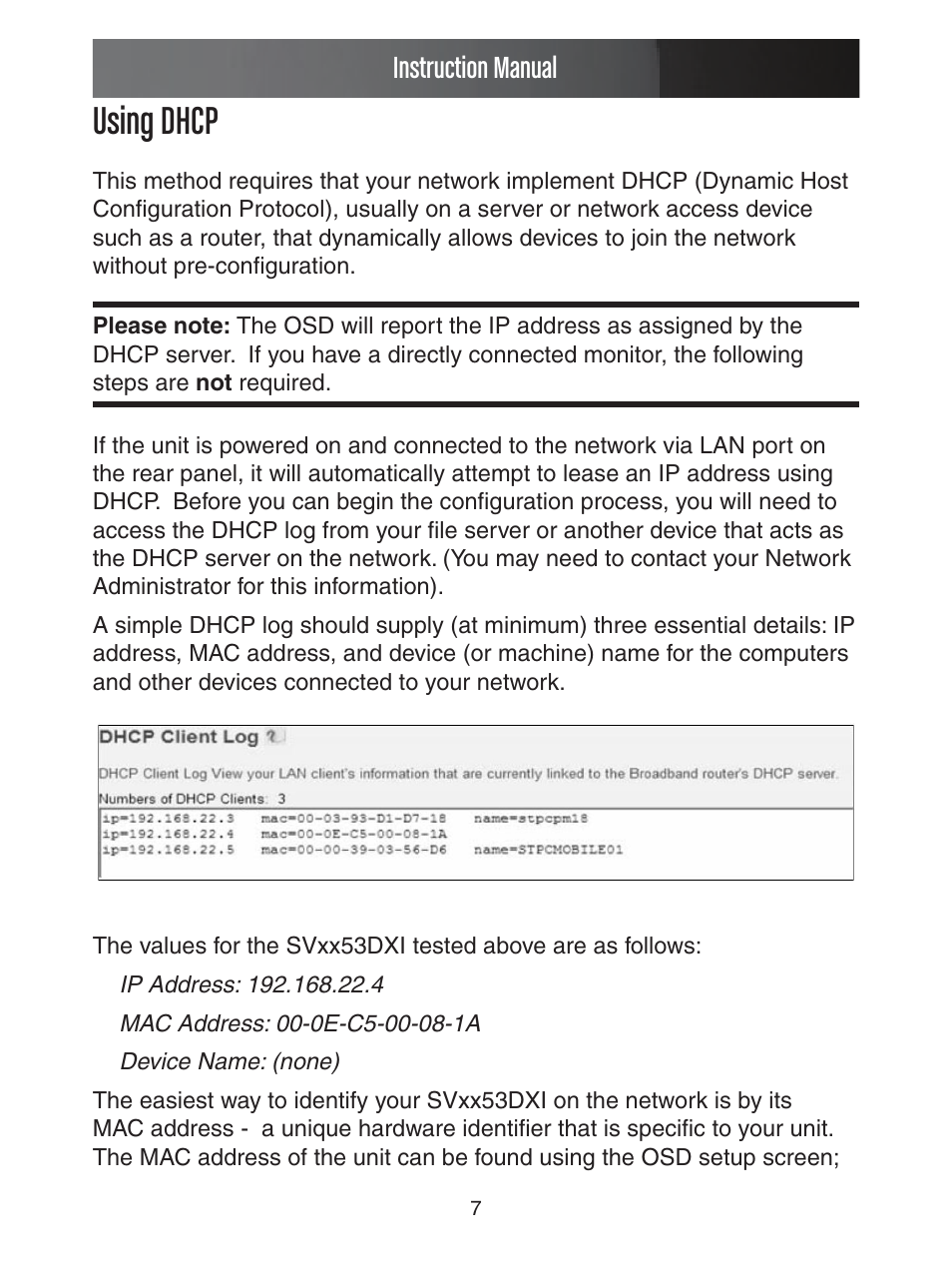 Using dhcp, Instruction manual | StarTech.com ENTERPRISE CLASS SV1653DXI User Manual | Page 12 / 74