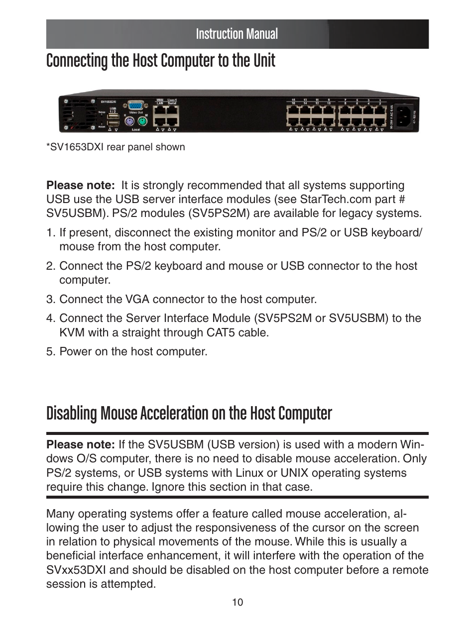 Connecting the host computer to the unit, Disabling mouse acceleration on the host computer, Instruction manual | StarTech.com ENTERPRISE CLASS SV1653DXI User Manual | Page 15 / 74