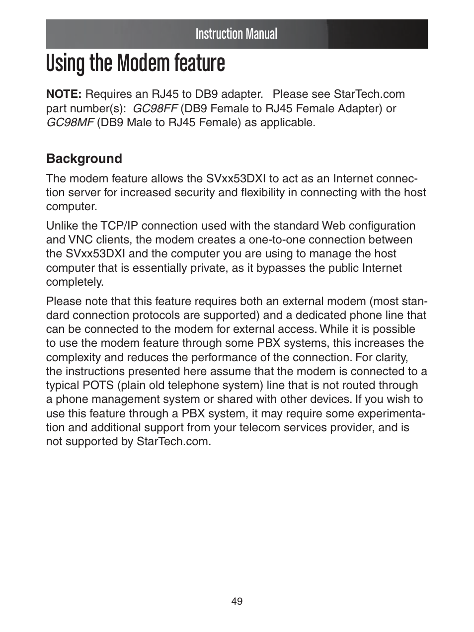 Using the modem feature | StarTech.com ENTERPRISE CLASS SV1653DXI User Manual | Page 54 / 74