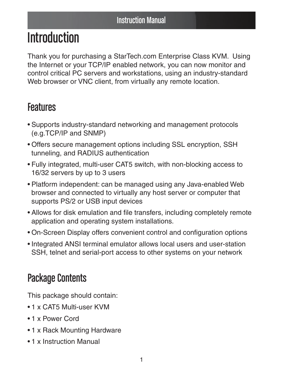 Introduction, Features, Package contents | Instruction manual | StarTech.com ENTERPRISE CLASS SV1653DXI User Manual | Page 6 / 74