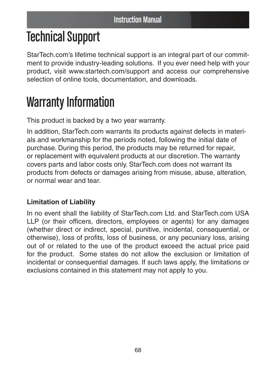 Technical support, Warranty information | StarTech.com ENTERPRISE CLASS SV1653DXI User Manual | Page 73 / 74