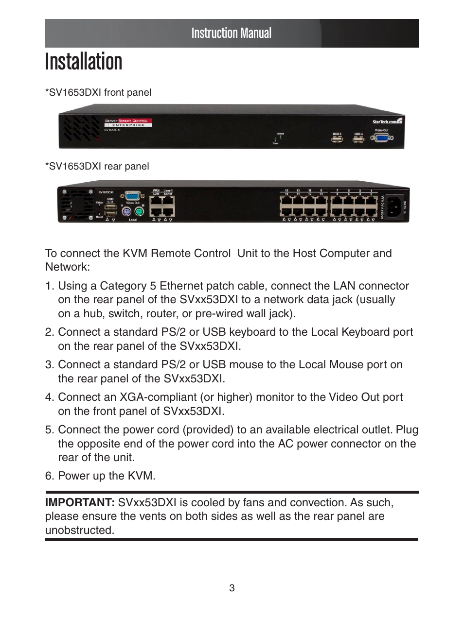 Installation, Instruction manual | StarTech.com ENTERPRISE CLASS SV1653DXI User Manual | Page 8 / 74