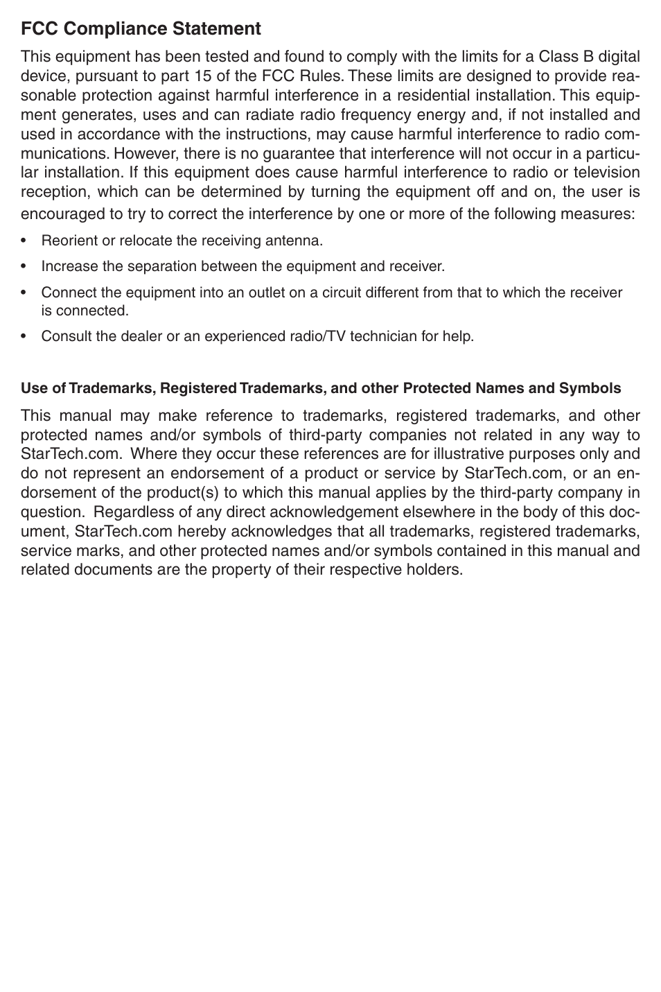 Fcc compliance statement | StarTech.com PCI EXPRESS SERIAL ADAPTER PEX4S952 User Manual | Page 2 / 8