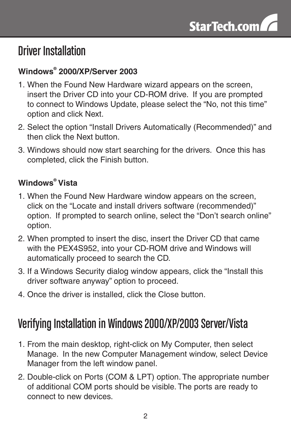 Driver installation | StarTech.com PCI EXPRESS SERIAL ADAPTER PEX4S952 User Manual | Page 5 / 8