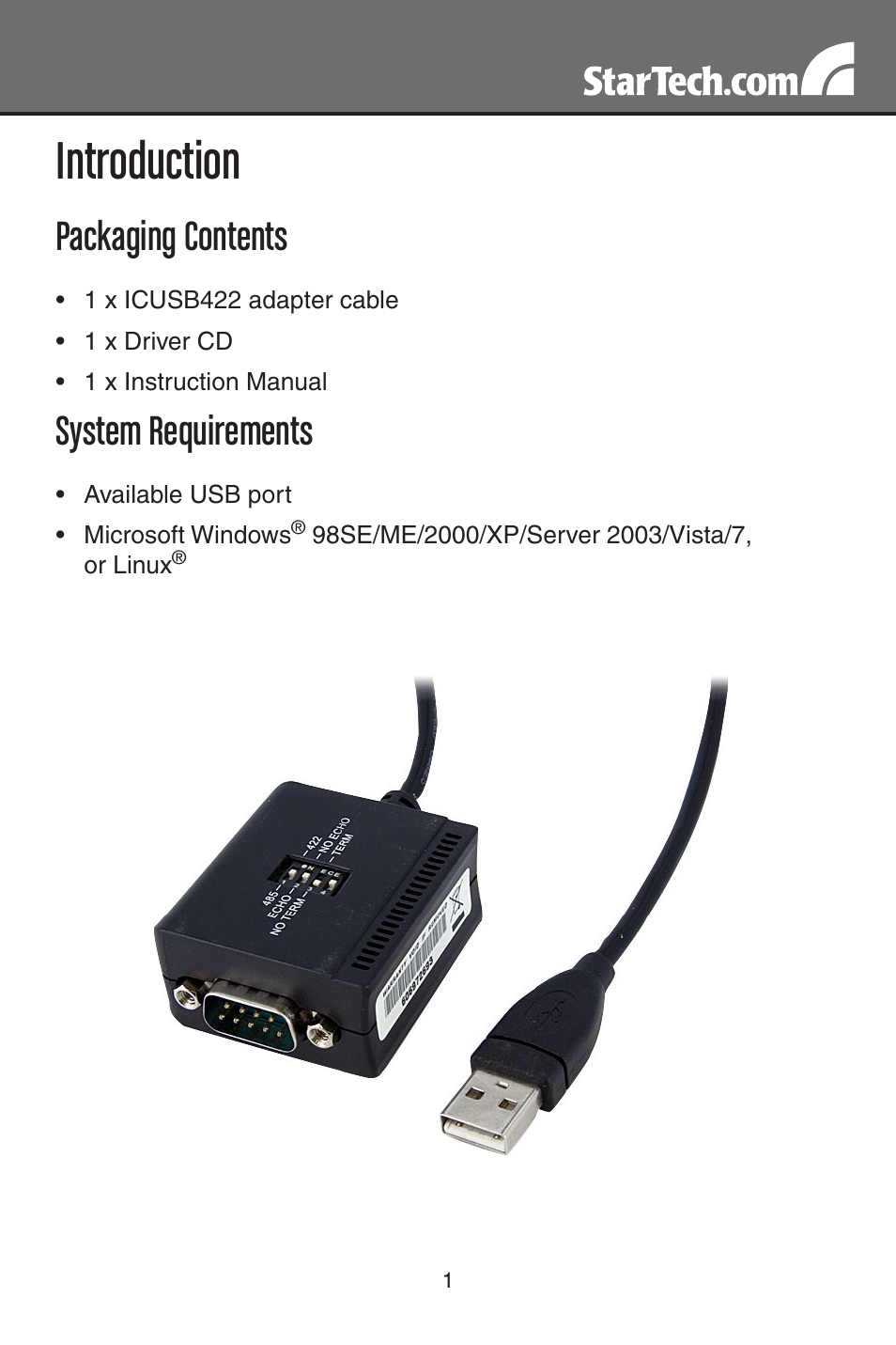 Introduction, Packaging contents, System requirements | StarTech.com ICUSB422 User Manual | Page 4 / 10