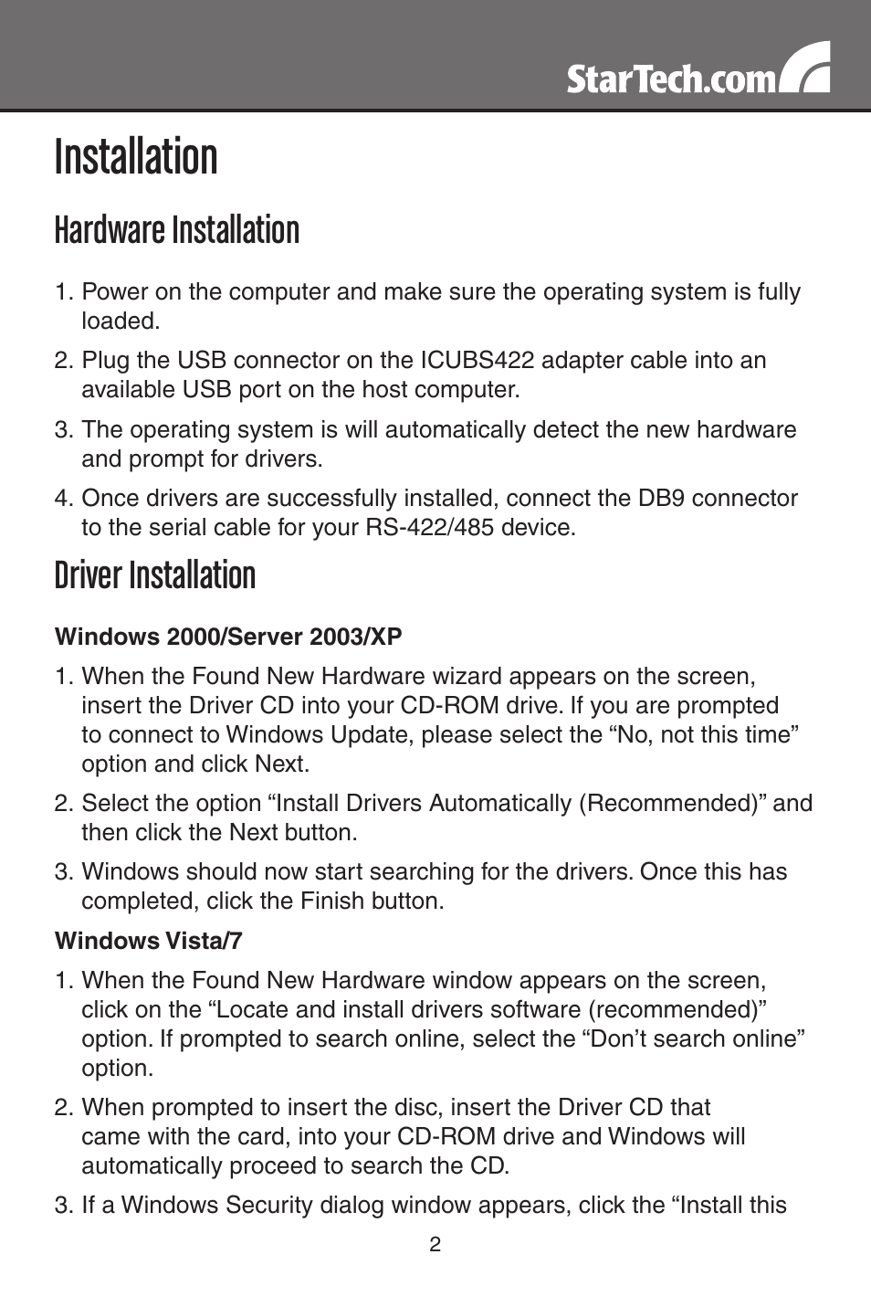 Installation, Hardware installation, Driver installation | StarTech.com ICUSB422 User Manual | Page 5 / 10