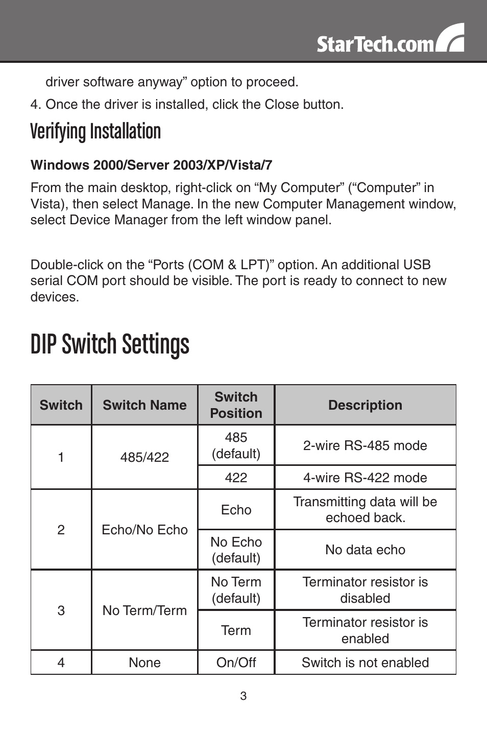 Dip switch settings, Verifying installation | StarTech.com ICUSB422 User Manual | Page 6 / 10