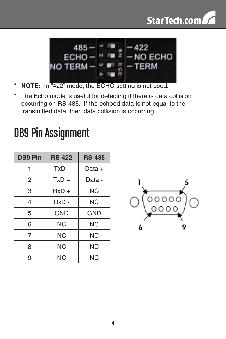 Db9 pin assignment | StarTech.com ICUSB422 User Manual | Page 7 / 10