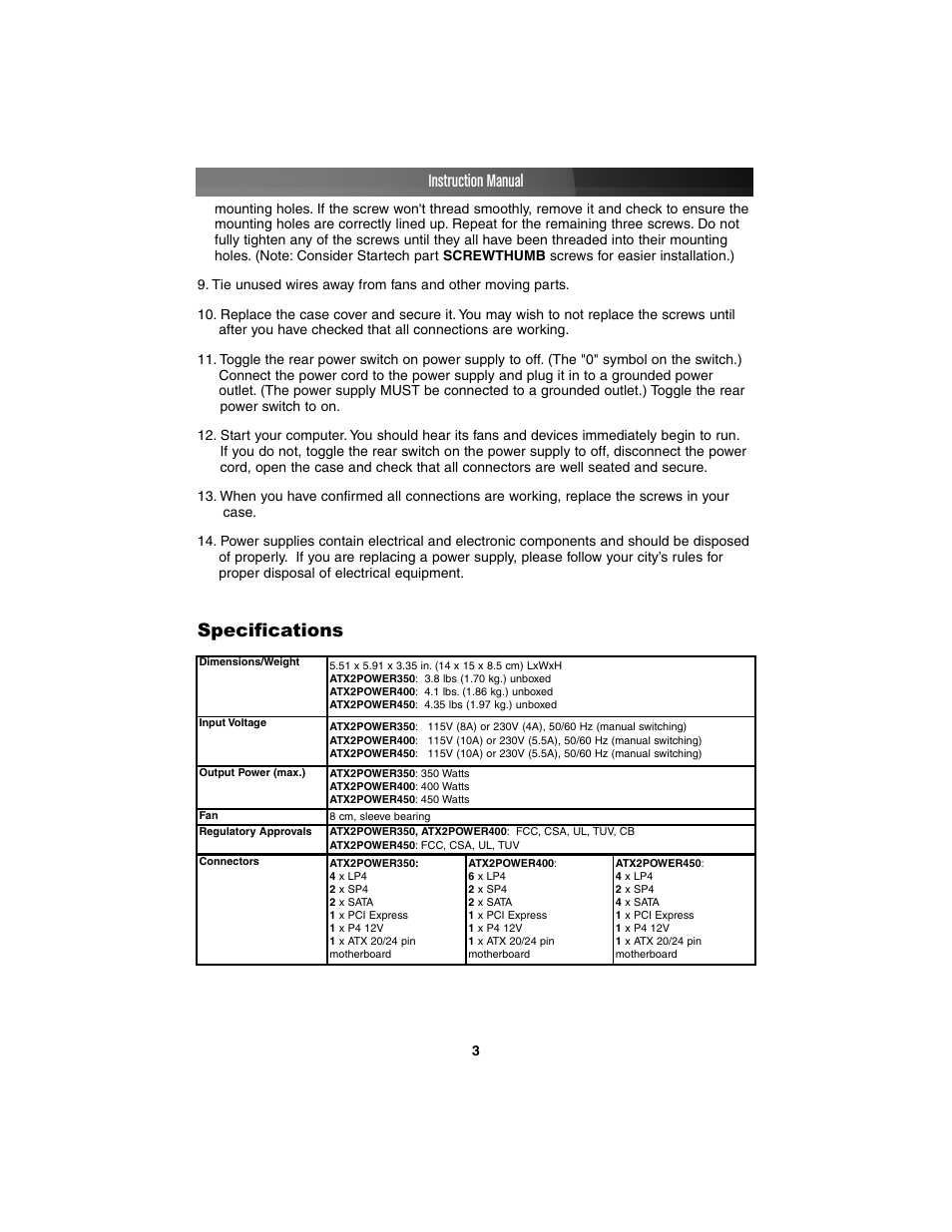 Specifications instruction manual | StarTech.com ATX2POWER450 User Manual | Page 6 / 8