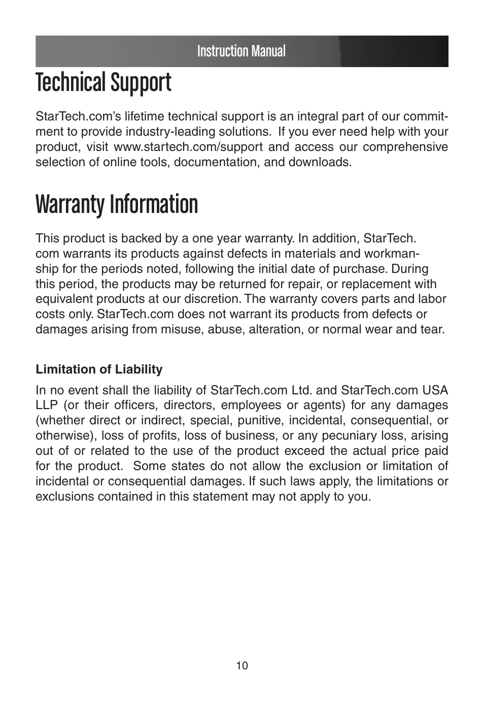 Technical support, Warranty information | StarTech.com SV215MICUSBA User Manual | Page 13 / 14