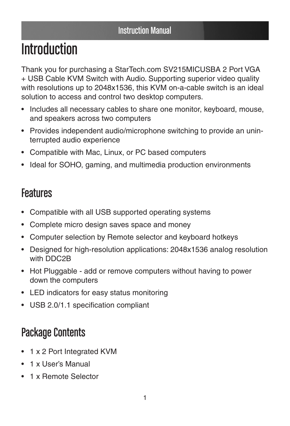 Introduction, Features package contents, Features | Package contents, Instruction manual | StarTech.com SV215MICUSBA User Manual | Page 4 / 14