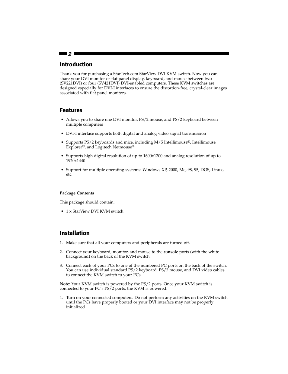 2introduction, Features, Installation | StarTech.com SV421DVI User Manual | Page 4 / 8