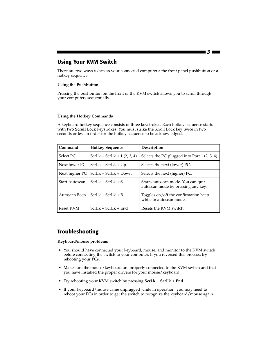 3using your kvm switch, Troubleshooting | StarTech.com SV421DVI User Manual | Page 5 / 8