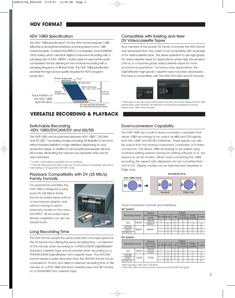 Hdv format, Versatile recording & playback, Hdv 1080i specification | Long recording time, Down-conversion capability | StarTech.com HVR-1500 User Manual | Page 3 / 8