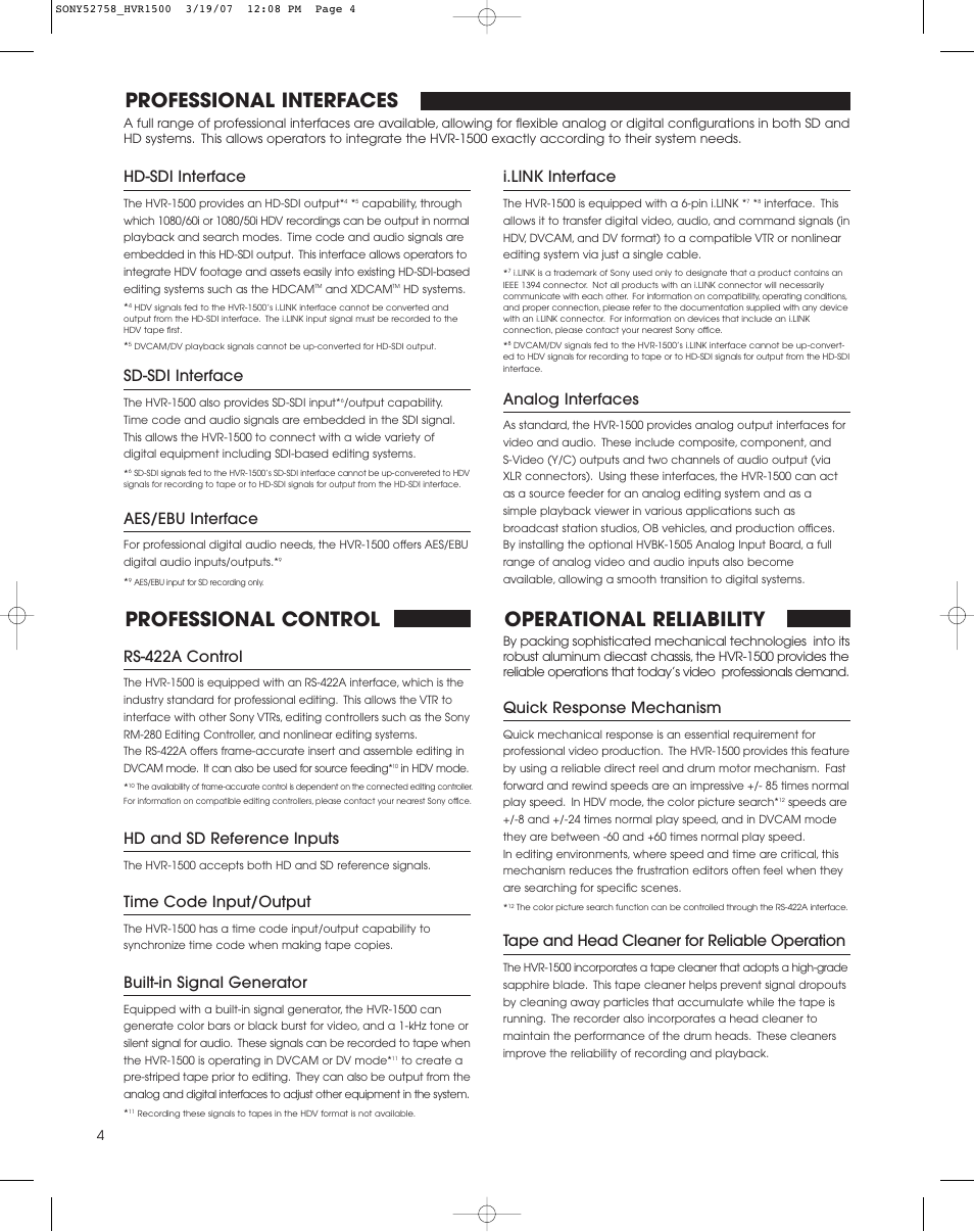 Professional interfaces, Professional control, Operational reliability | I.link interface, Analog interfaces, Hd-sdi interface, Sd-sdi interface, Aes/ebu interface, Rs-422a control, Hd and sd reference inputs | StarTech.com HVR-1500 User Manual | Page 4 / 8