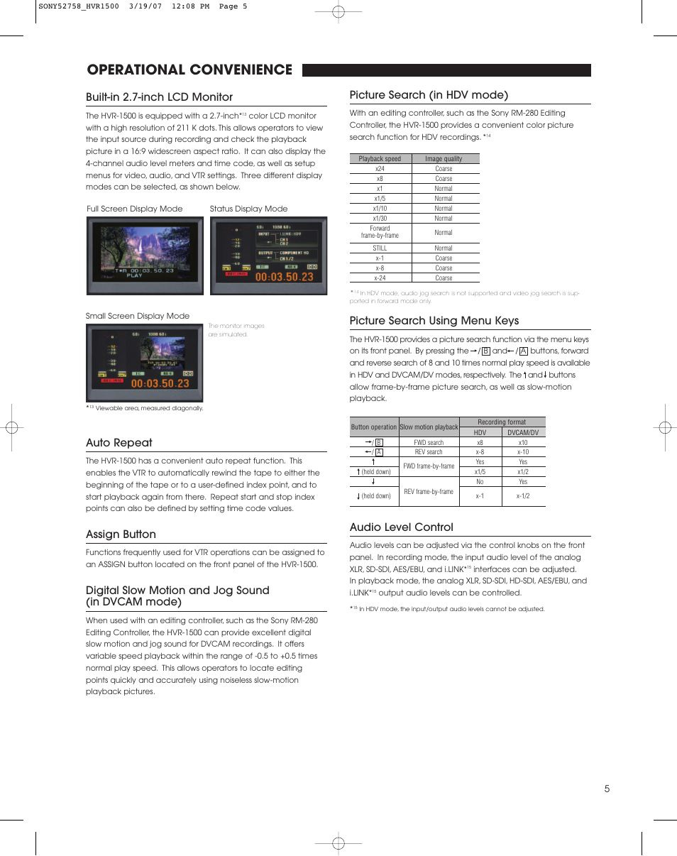 Operational convenience, Picture search (in hdv mode), Picture search using menu keys | Audio level control, Auto repeat, Assign button, Digital slow motion and jog sound (in dvcam mode), Built-in 2.7-inch lcd monitor | StarTech.com HVR-1500 User Manual | Page 5 / 8