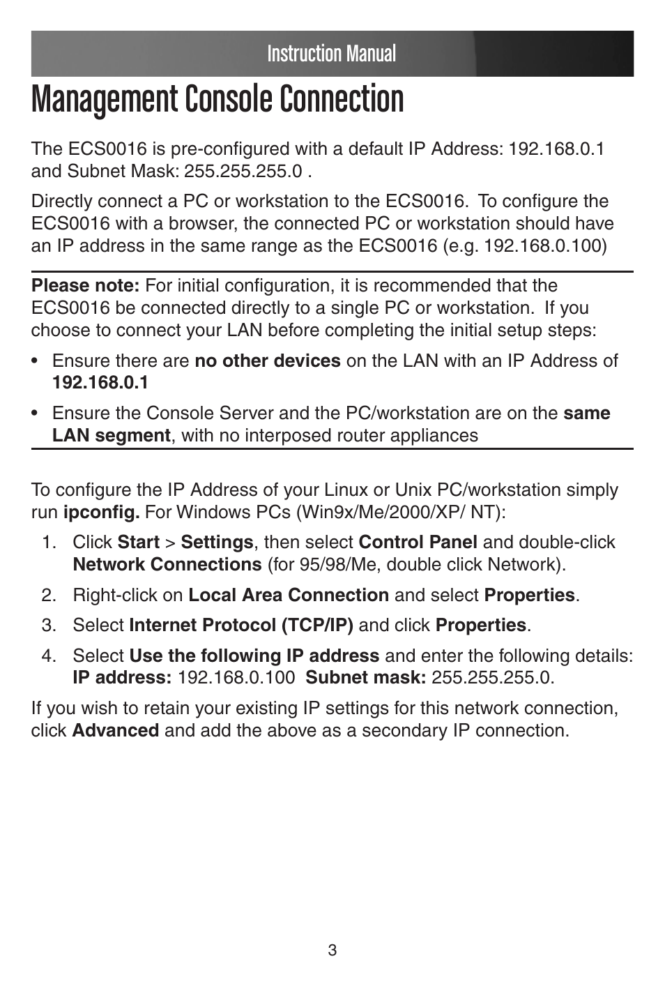 Management console connection, Instruction manual | StarTech.com CONYX ECS0016 User Manual | Page 10 / 140