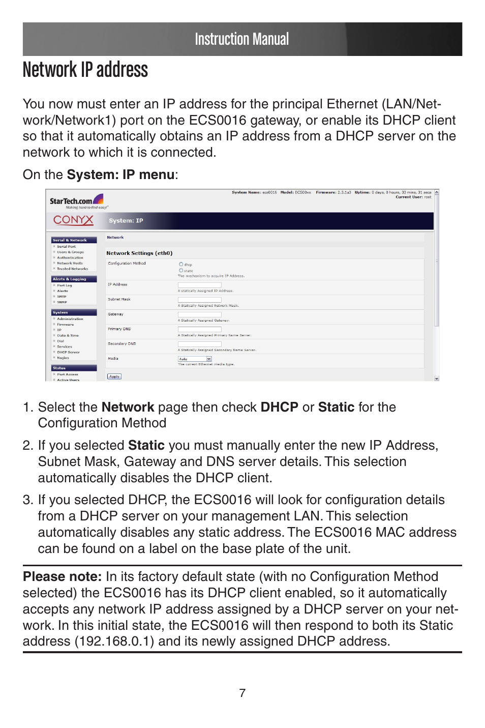 Network ip address, Instruction manual | StarTech.com CONYX ECS0016 User Manual | Page 14 / 140