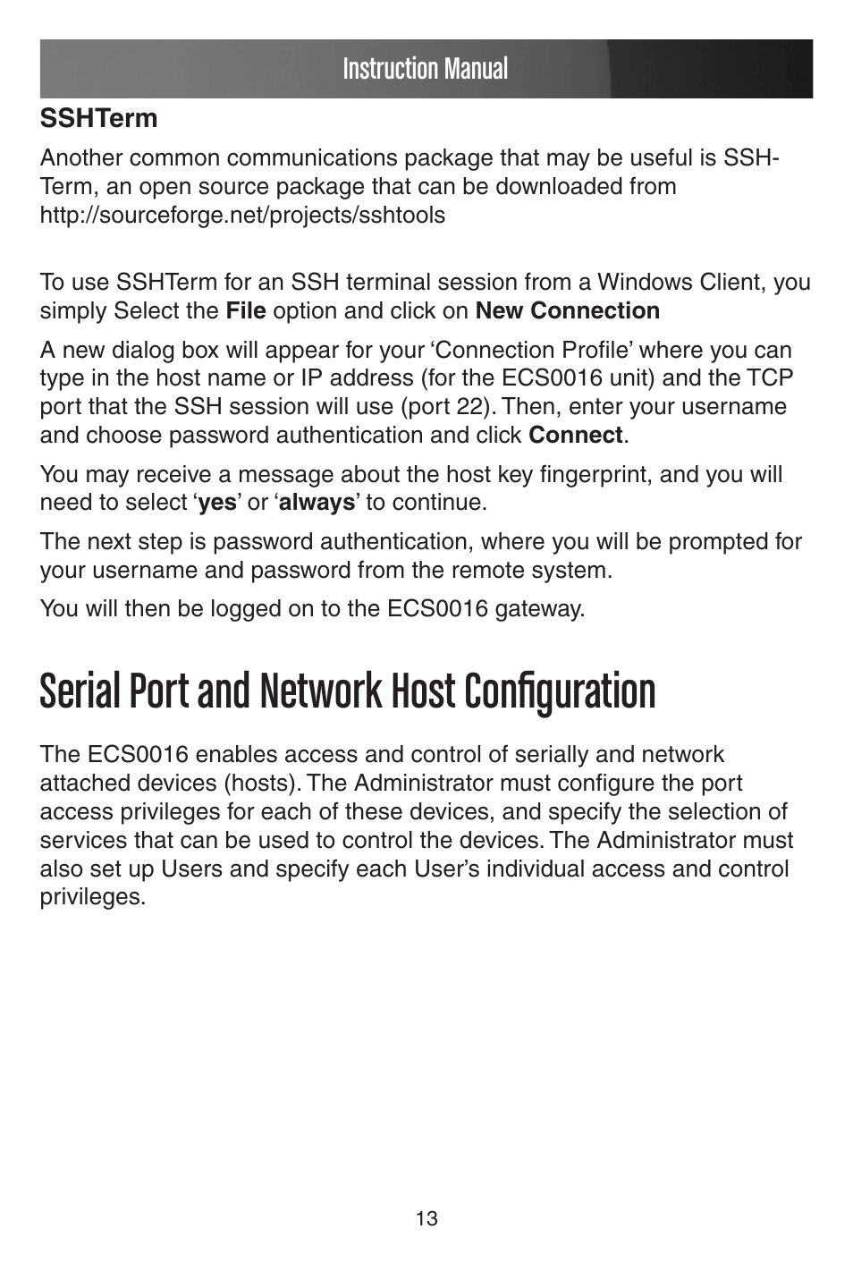 Serial port and network host configuration, Instruction manual | StarTech.com CONYX ECS0016 User Manual | Page 20 / 140