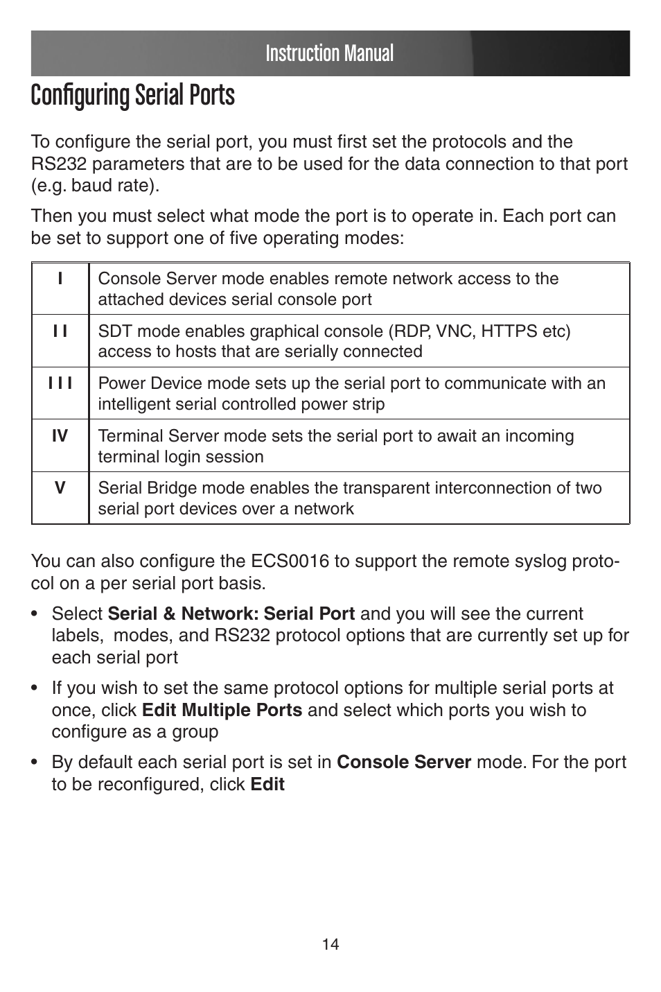 Configuring serial ports, Instruction manual | StarTech.com CONYX ECS0016 User Manual | Page 21 / 140