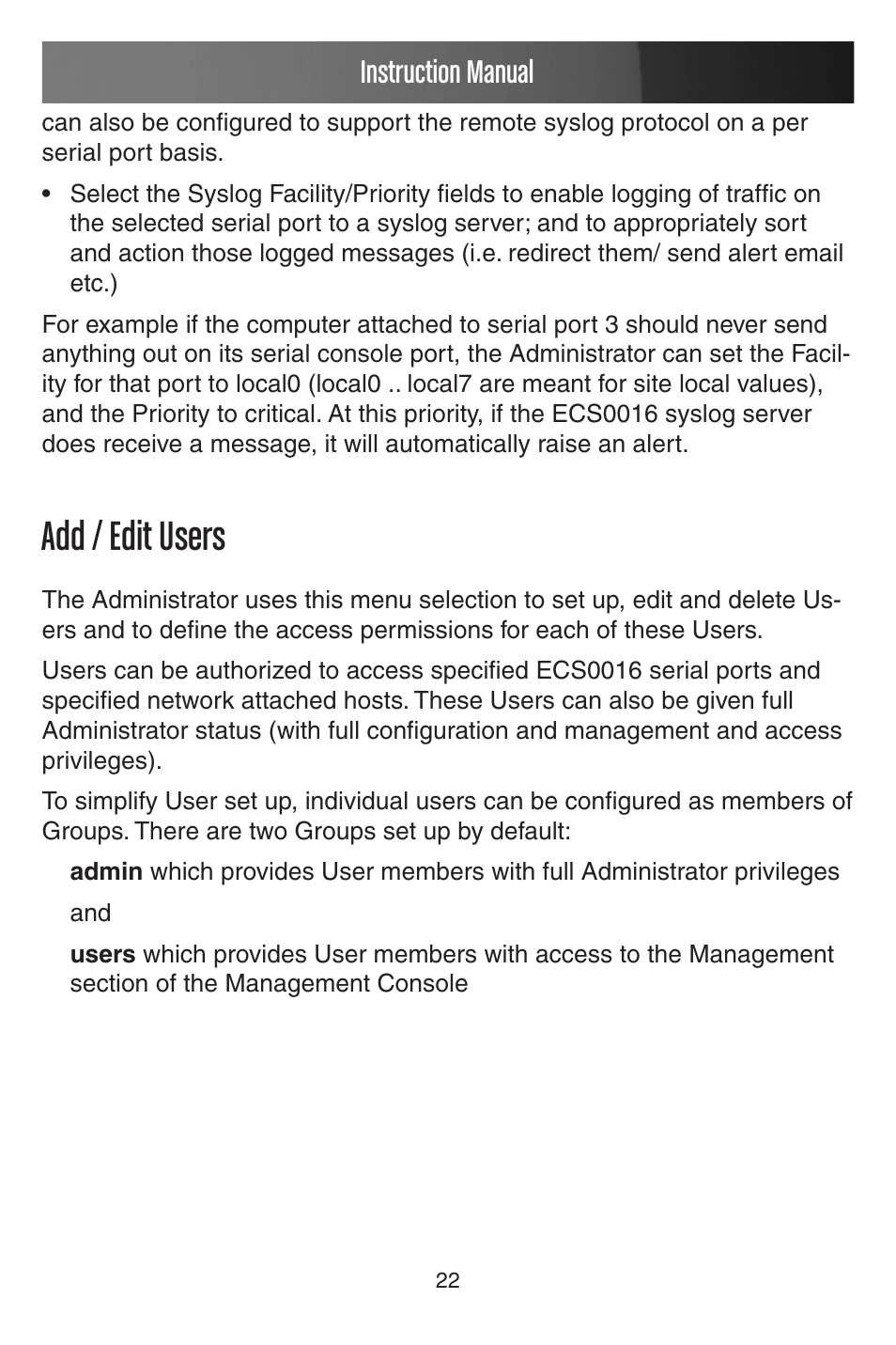 Add / edit users, Instruction manual | StarTech.com CONYX ECS0016 User Manual | Page 29 / 140