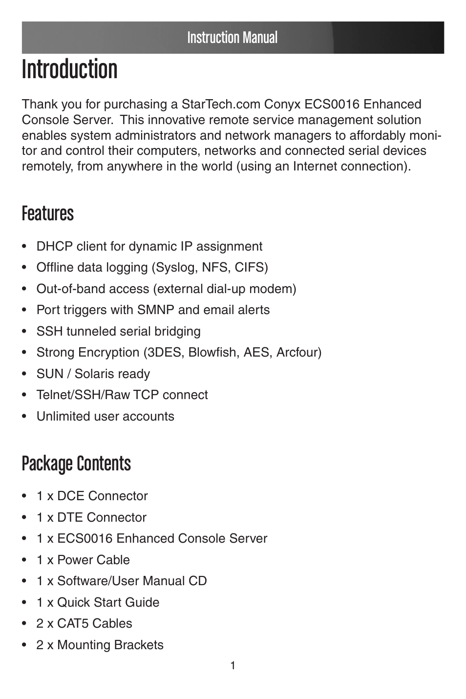 Introduction, Features, Package contents | Instruction manual | StarTech.com CONYX ECS0016 User Manual | Page 8 / 140