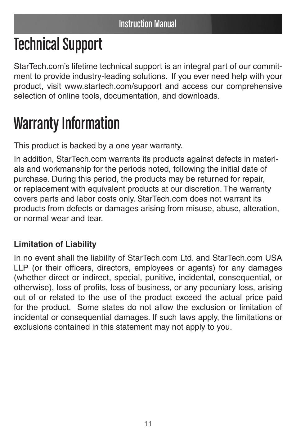 Technical support, Warranty information | StarTech.com STARTECH 2.5/3.5"SATAHD Docking Station SATADOCKU2 User Manual | Page 14 / 15