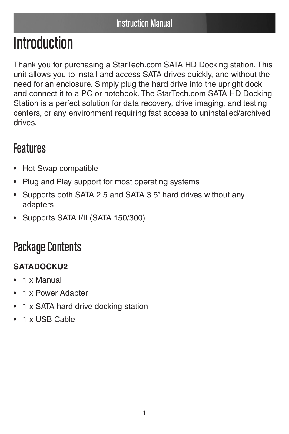 Introduction, Features, Package contents | Instruction manual | StarTech.com STARTECH 2.5/3.5"SATAHD Docking Station SATADOCKU2 User Manual | Page 4 / 15