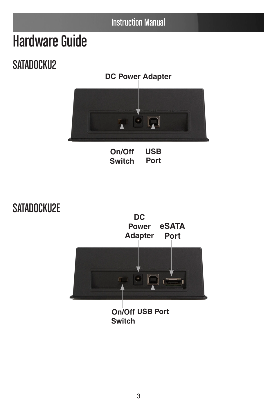 Hardware guide, Satadocku2 satadocku2e, Instruction manual | StarTech.com STARTECH 2.5/3.5"SATAHD Docking Station SATADOCKU2 User Manual | Page 6 / 15