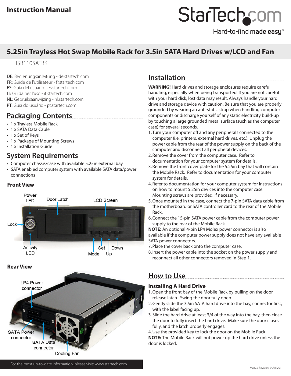 StarTech.com MADE EASY HSB110SATBK User Manual | 2 pages