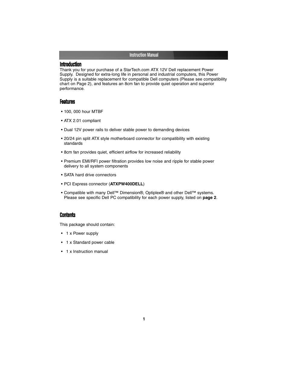 Iinnttrroodduuccttiioonn, Ffeeaattuurreess, Ccoonntteennttss | StarTech.com ATXPW350DELL User Manual | Page 4 / 10